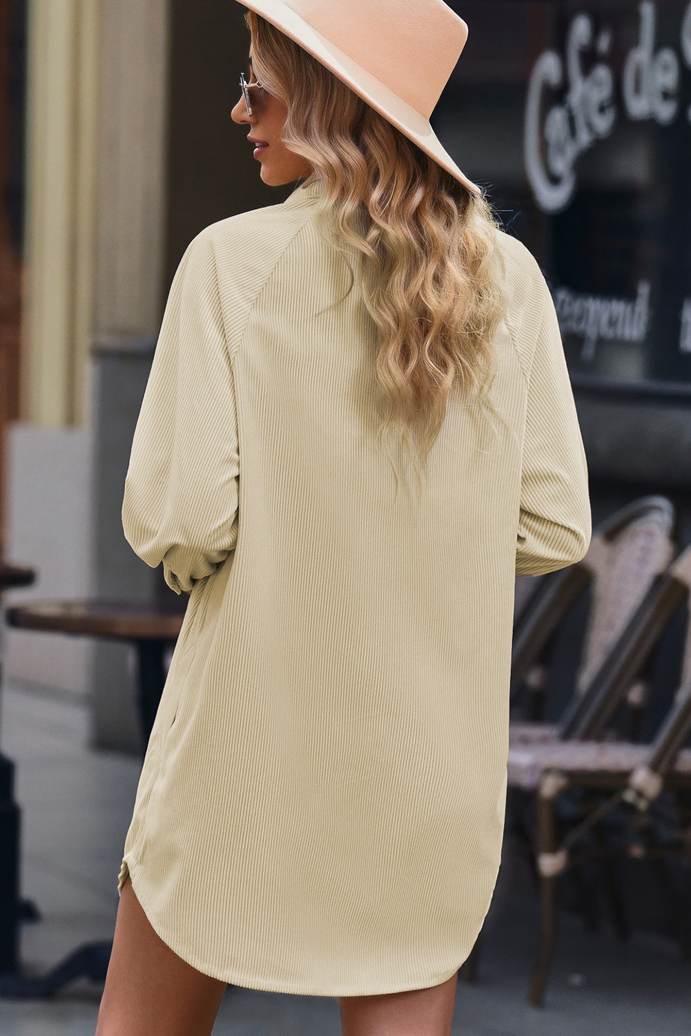 Blue Corduroy Shirt Style Full Button Long Sleeve Shift Mini Dress