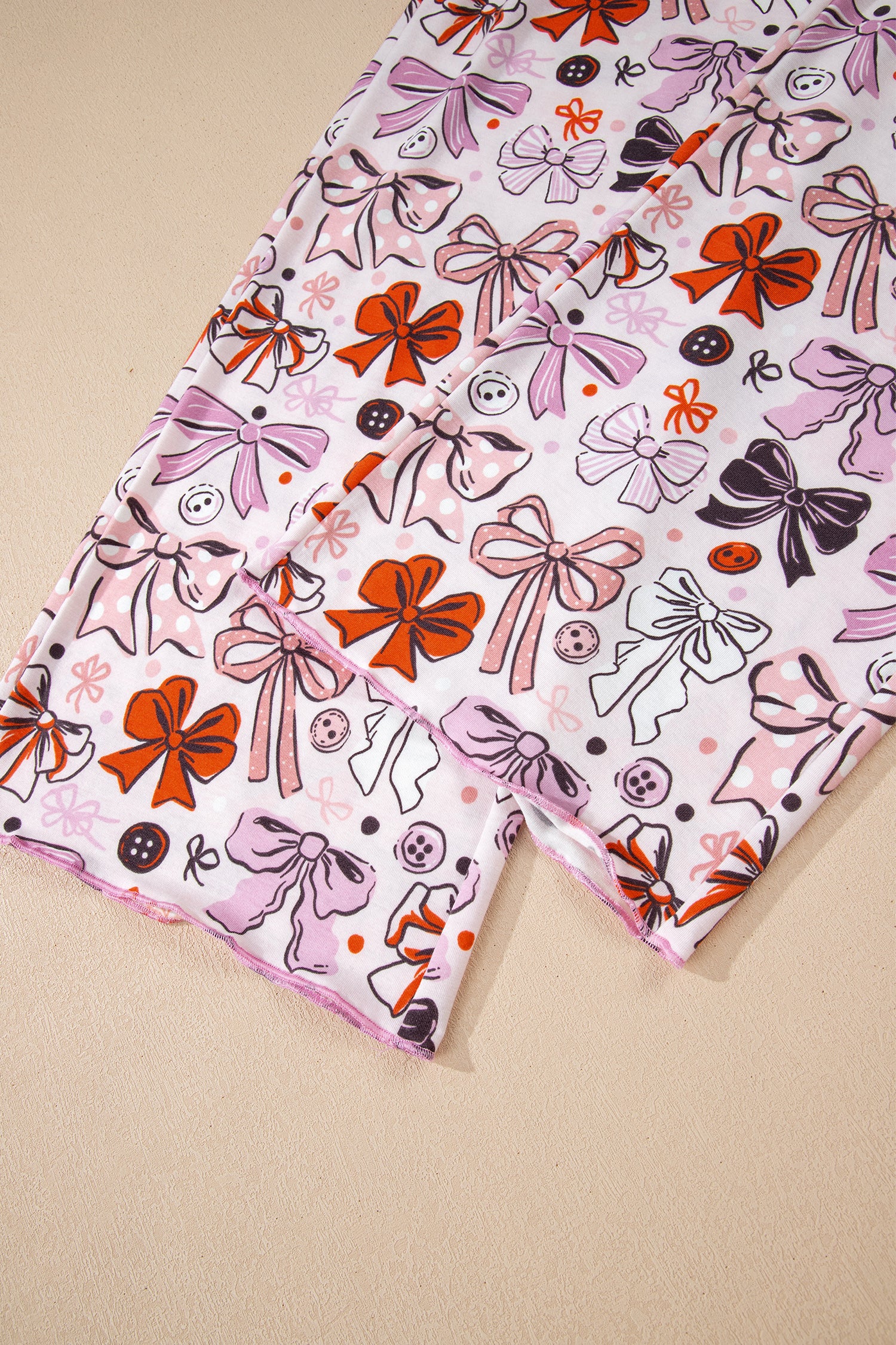 Pink Diverse Bows Buttons Printed Contrast Trim Short Sleeve Shirt Pajama Pant Set