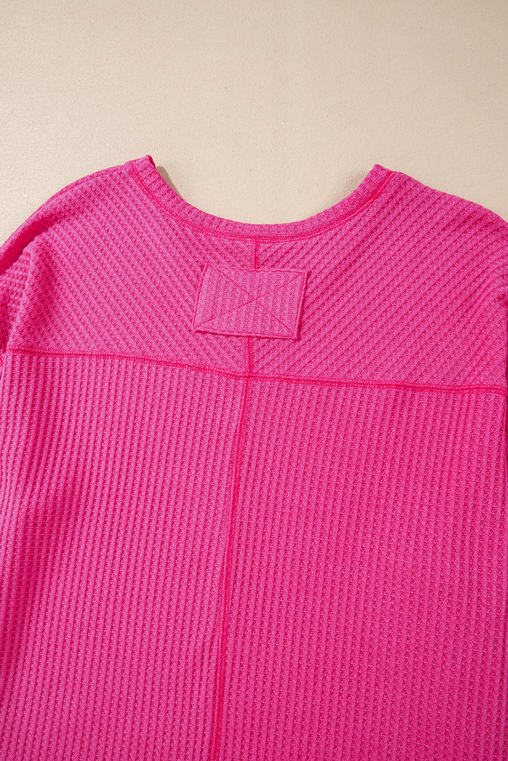 Light Pink Waffle V Neck Long Sleeve Drop Shoulder Loose Blouse
