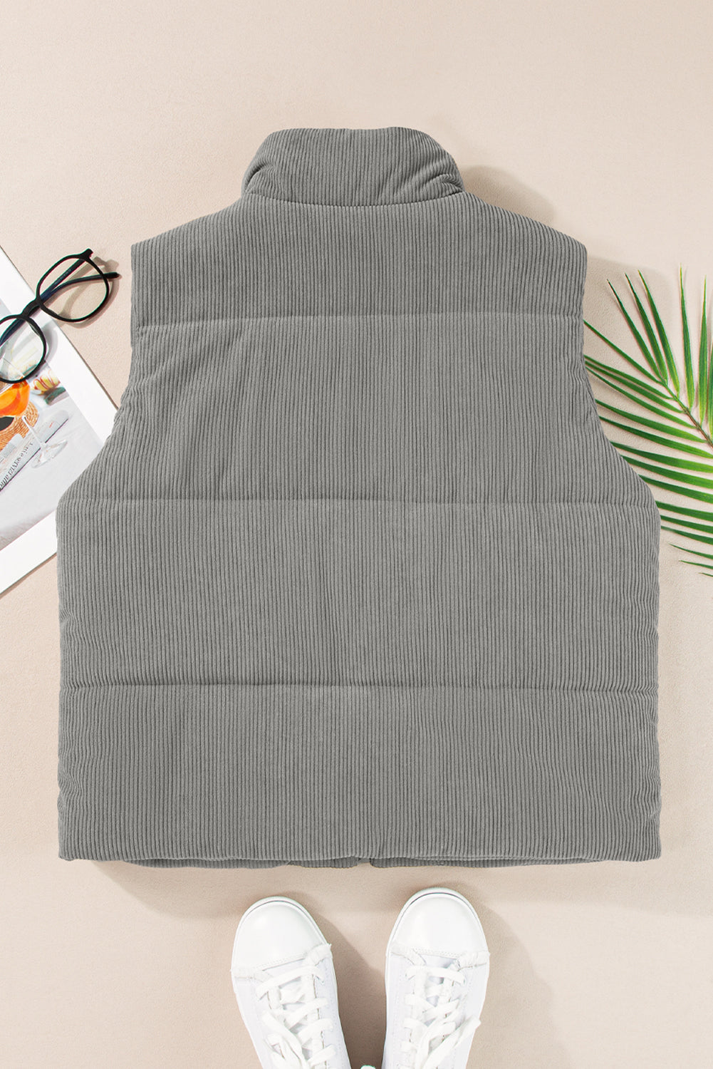 Beige Corduroy Stand Neck Zipped Puffer Vest