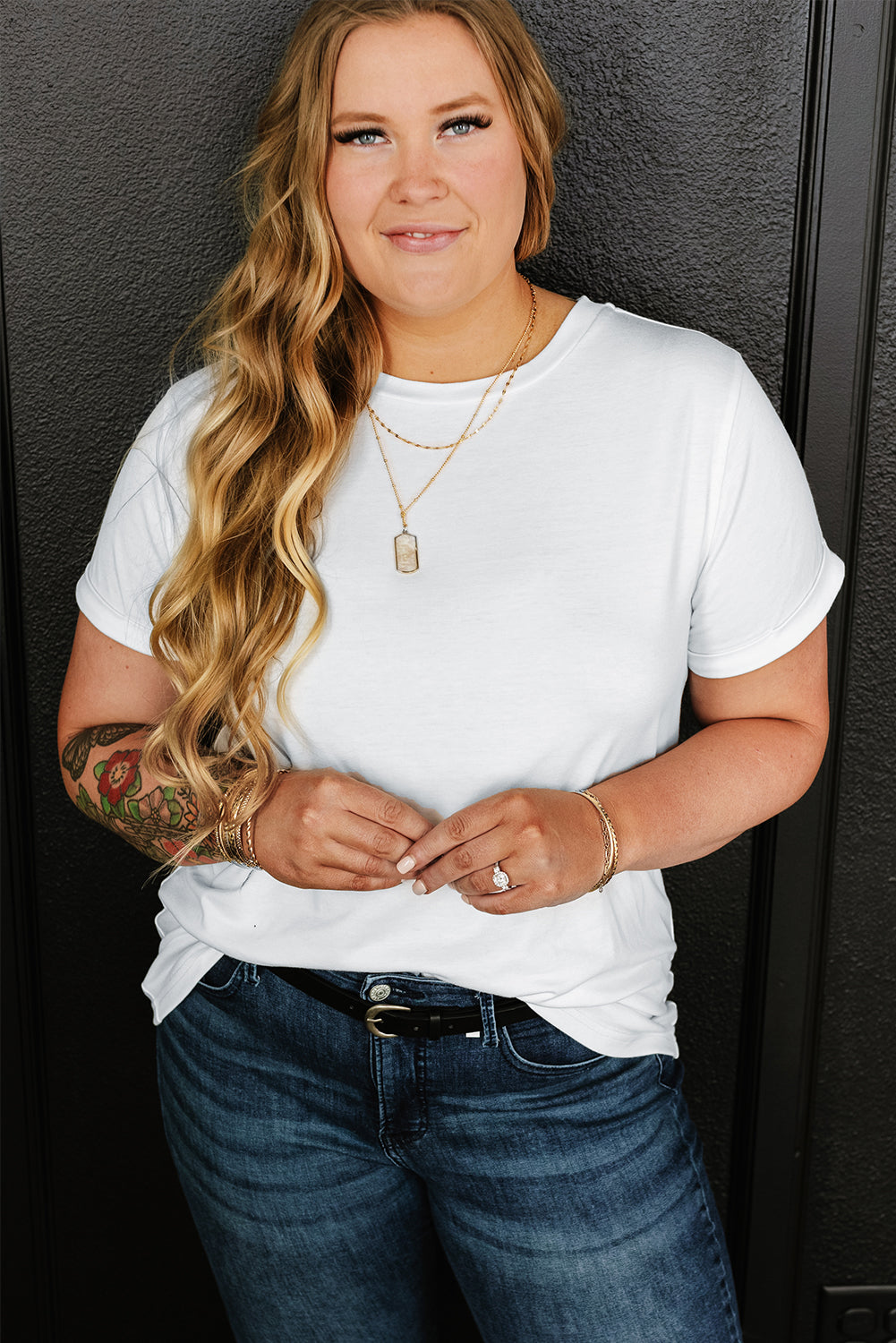 Iceland Blue Round Neck Rolled Sleeve Plus Size T-shirt