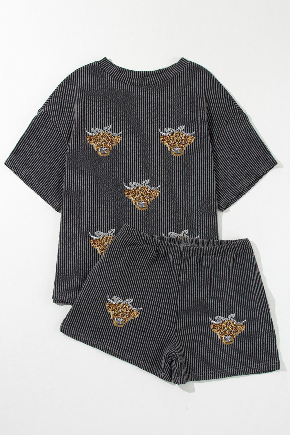 Carbon Grey Sequin Heifer Patched 2pcs Twisted Ribbed Casual Short Set