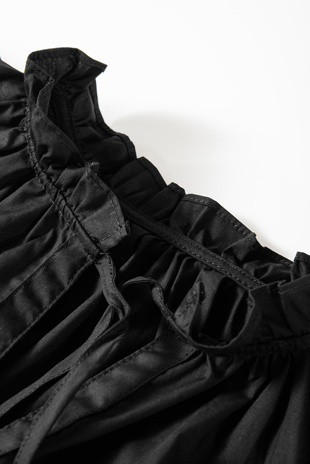 Black Ruffled Puff Short Sleeve Loose Blouse