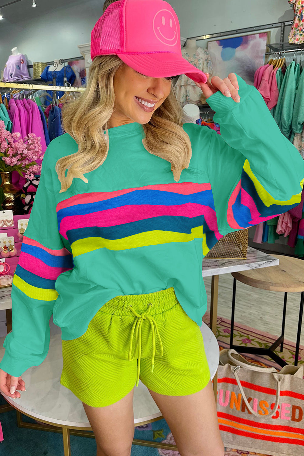 White Plus Size Colorful Striped Drop Shoulder Loose Sweatshirt