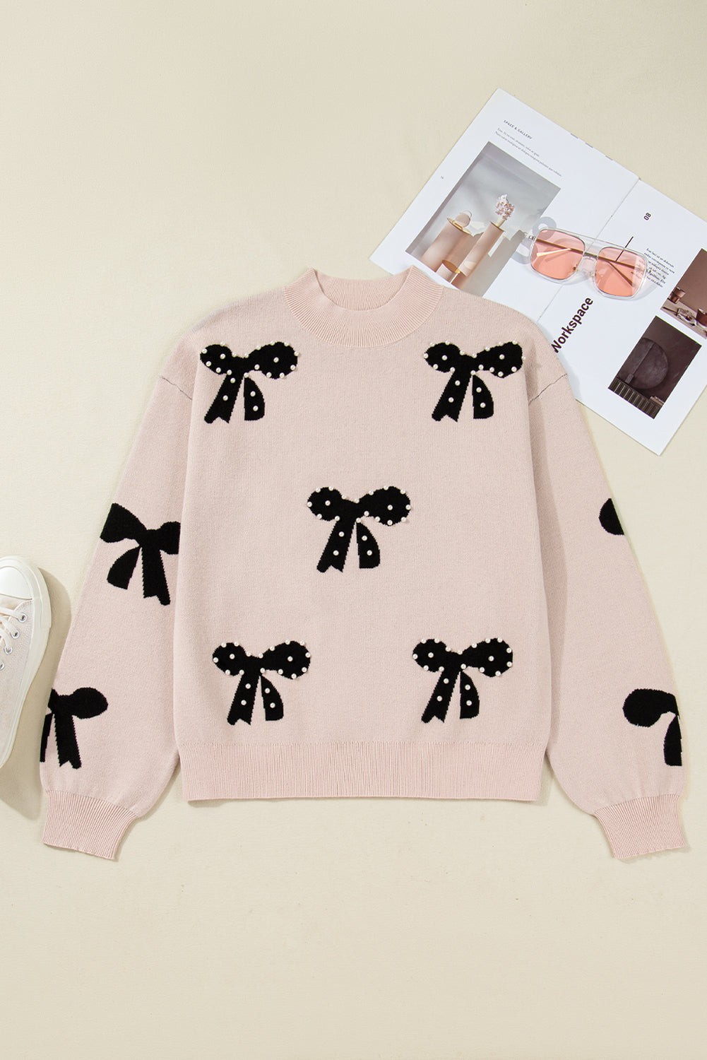 Bright Pink Pearl Embellished Bow Pattern Loose Sweater