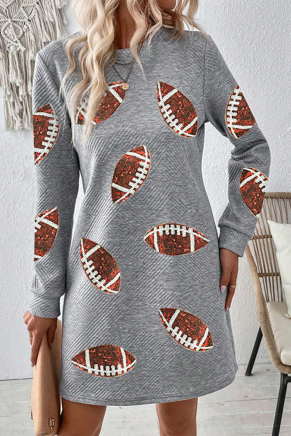 Gray Solid Color Textured Long Sleeve Shift Dress