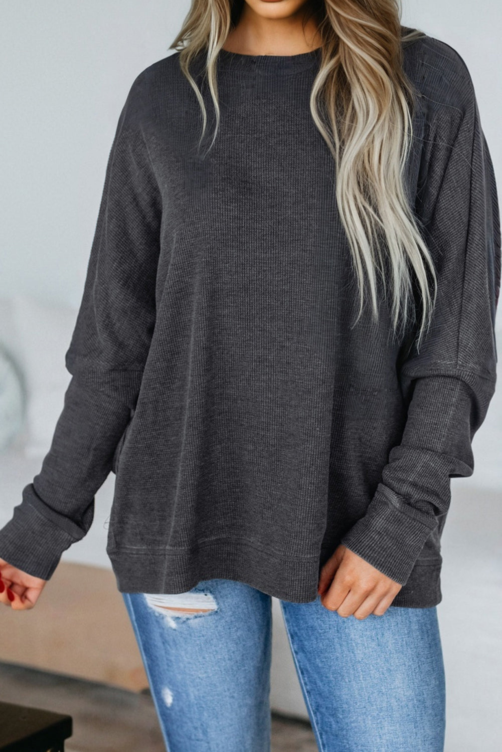 Dark Brown Waffle Knit Patchwork Long Sleeve Loose Top