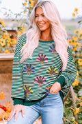 Green Stripe Turkey Pattern Drop Shoulder Pullover Top