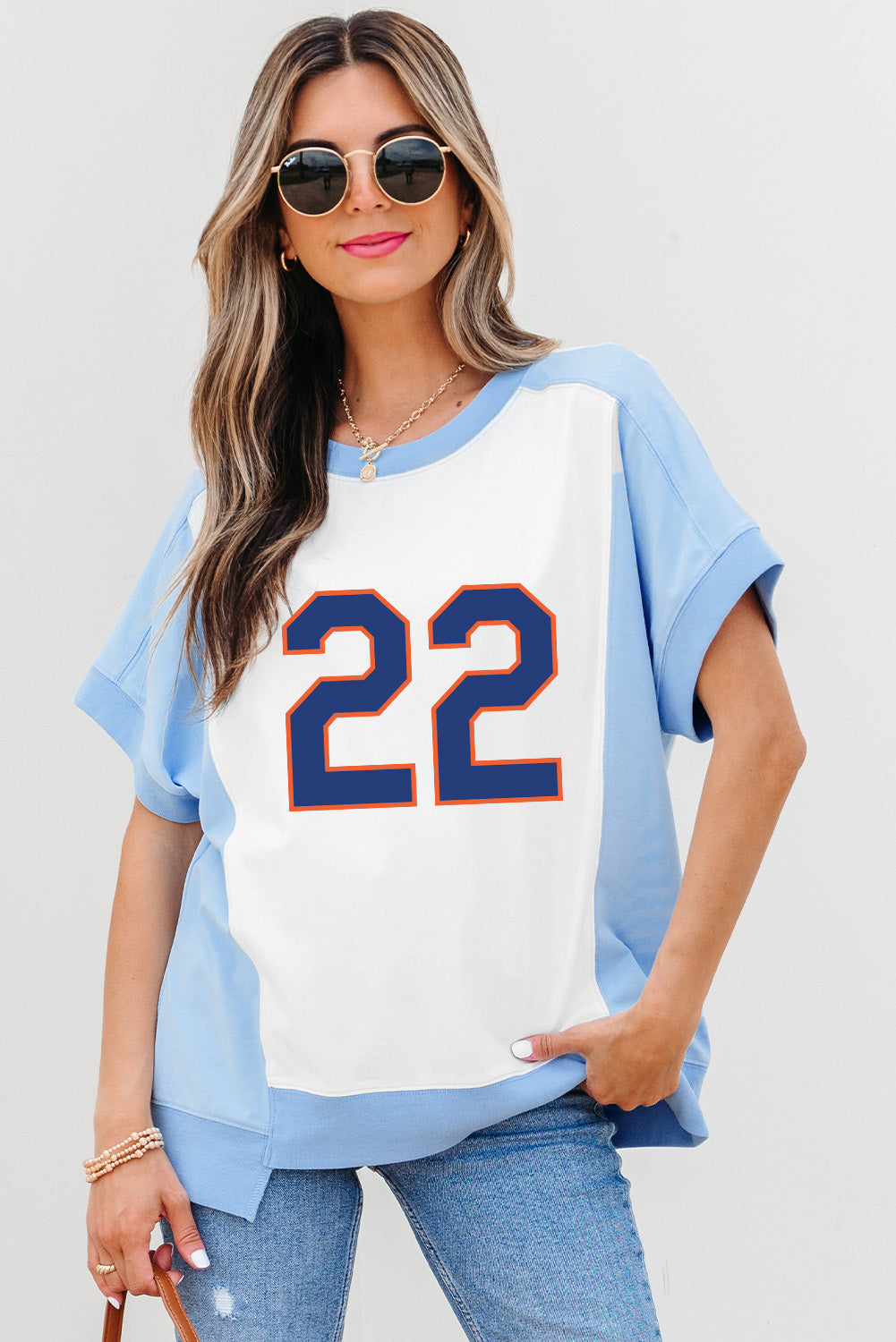Sky Blue Number 22 Printed Color Block T Shirt