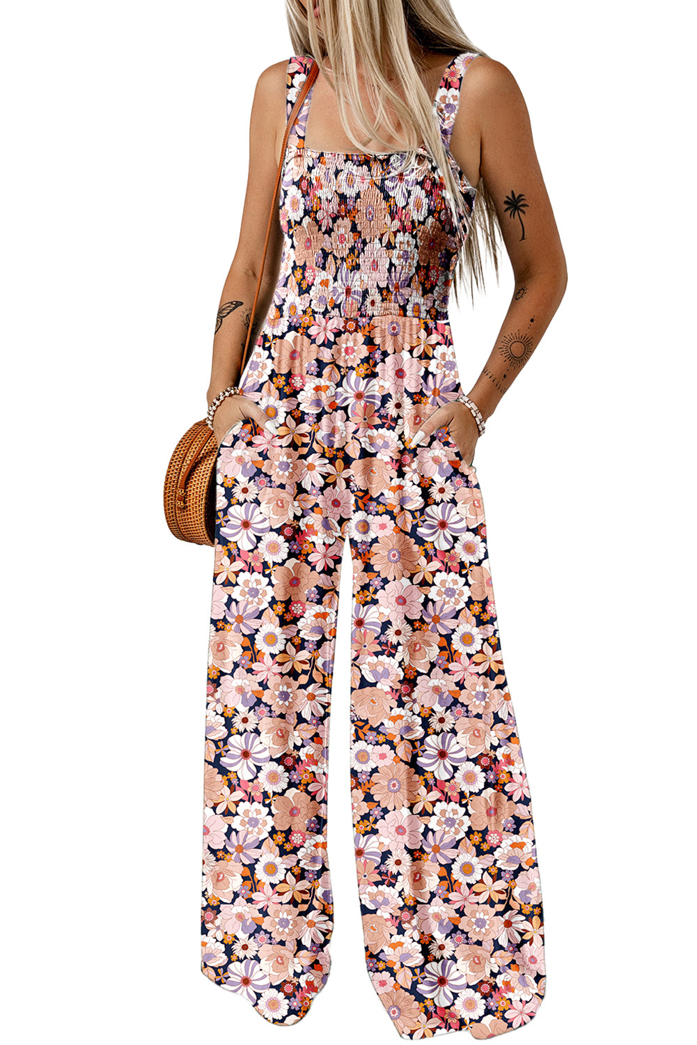 Green Floral Print Smocked High Waist Square Neck Jumpsuit