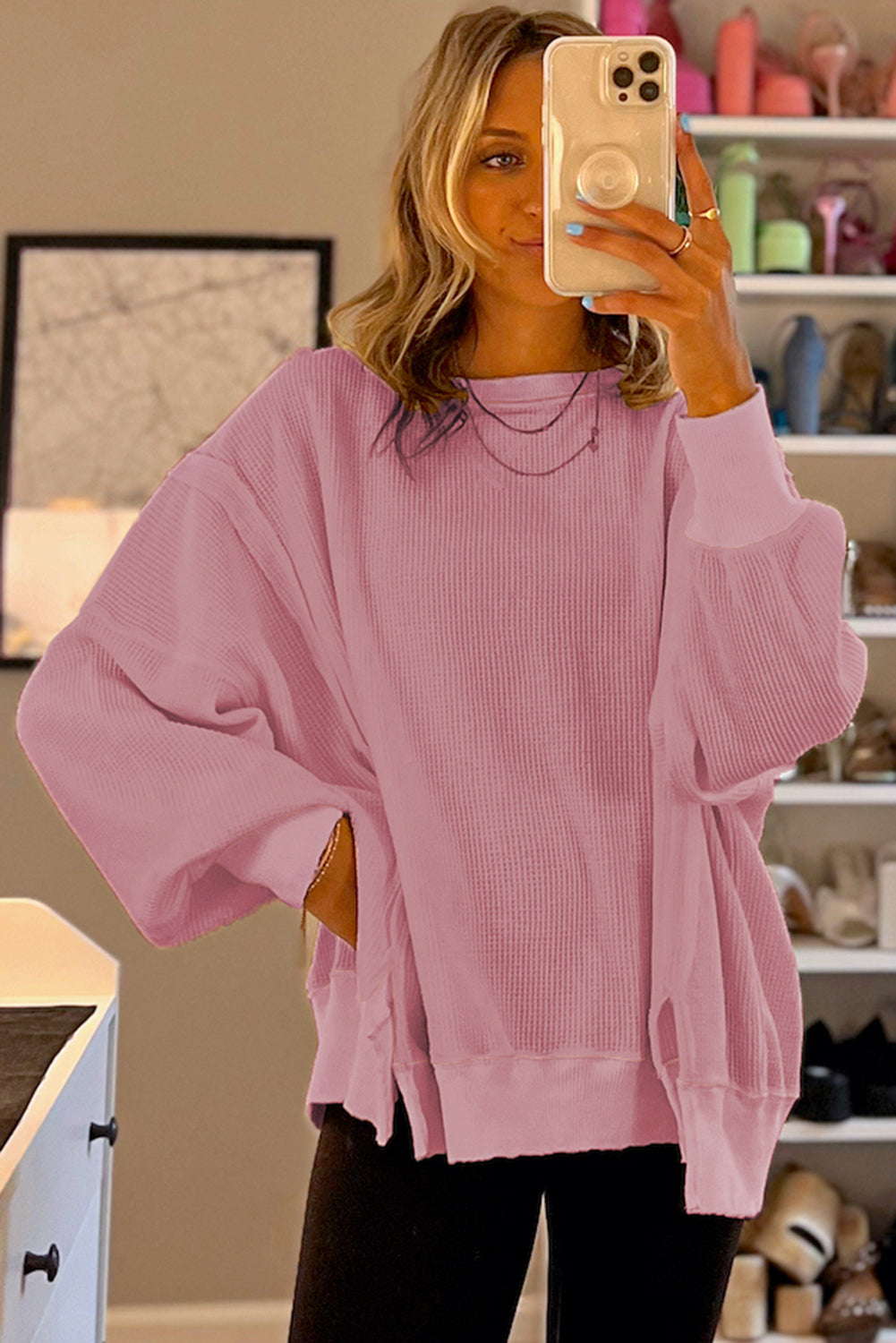 White Waffle knit Bishop Sleeve Split Oversized Top