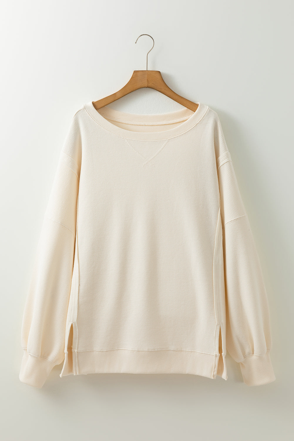 White Waffle knit Bishop Sleeve Split Oversized Top