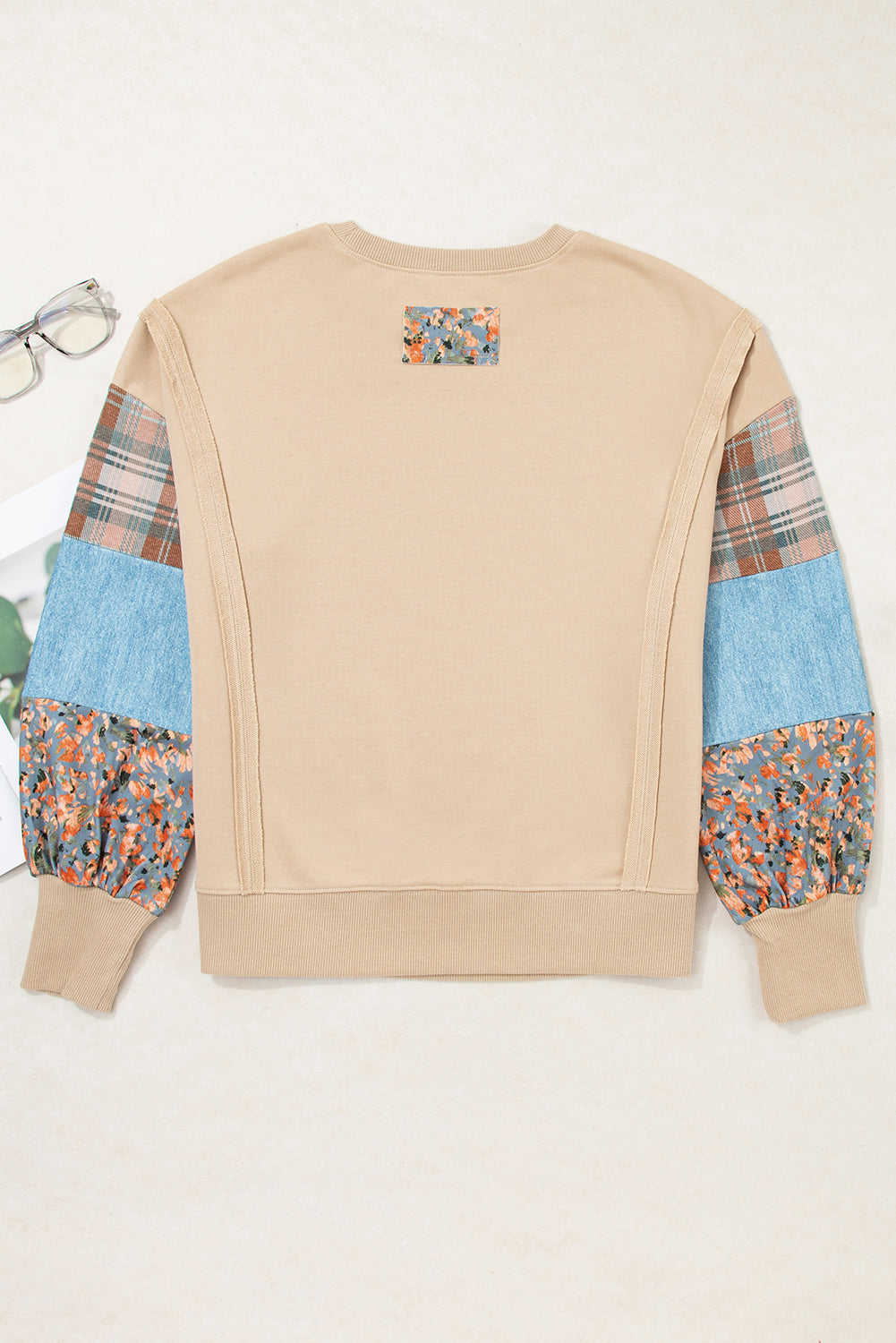 Red Sandalwood Plaid Colorblock Patchwork Sleeve Raw Seam Sweatshirt