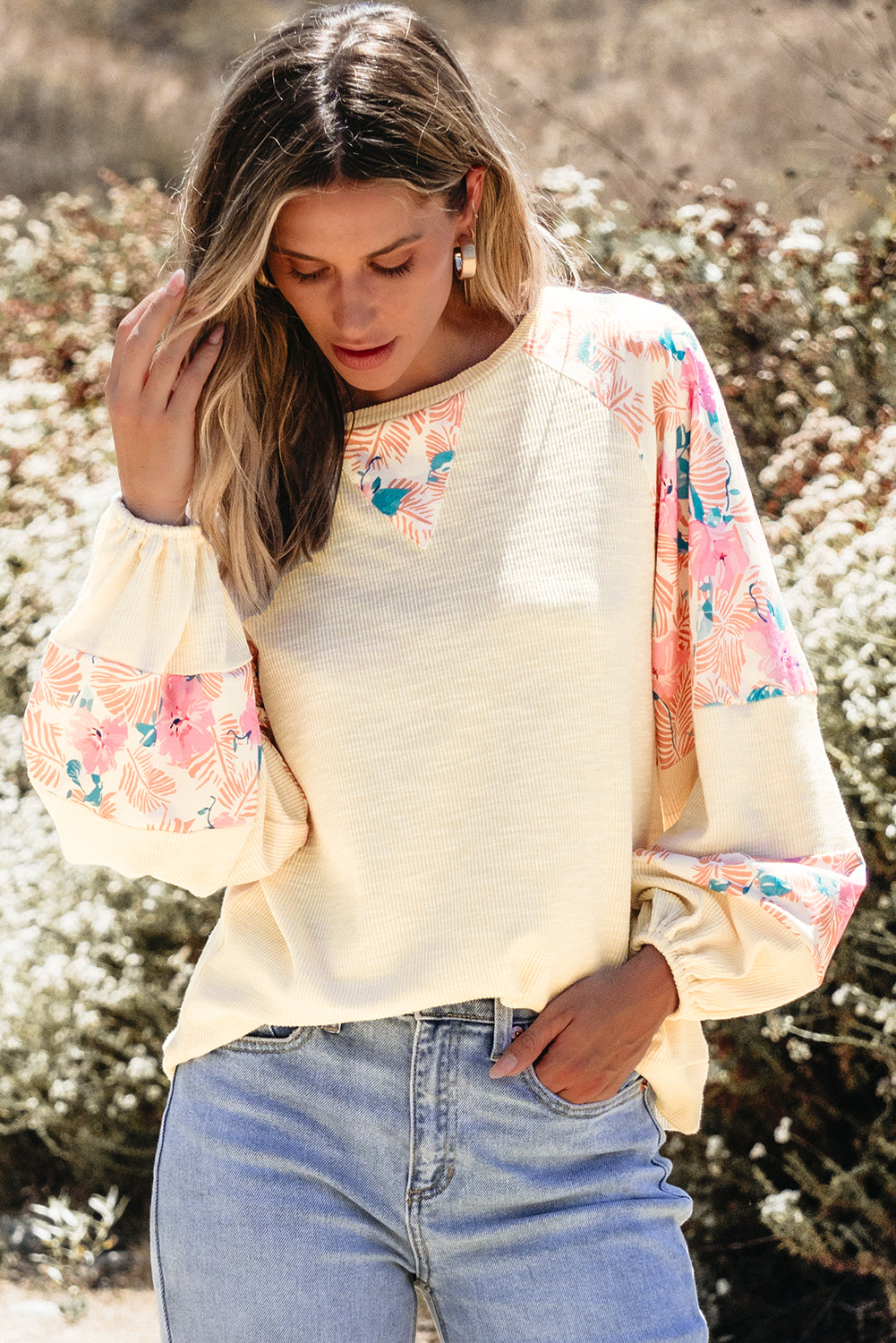 Apricot Plus Size Floral Patchwork Ribbed Puff Sleeve Top