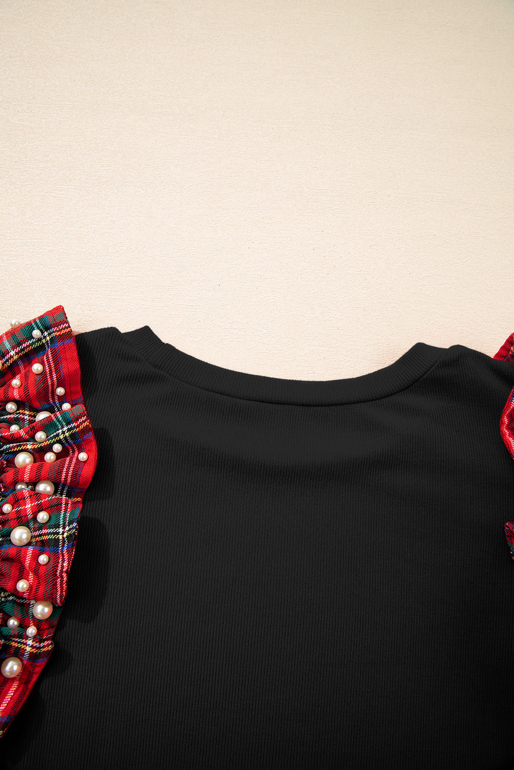 Red Festive Plaid Pearl Embellished Ruffle Short Sleeve Blouse