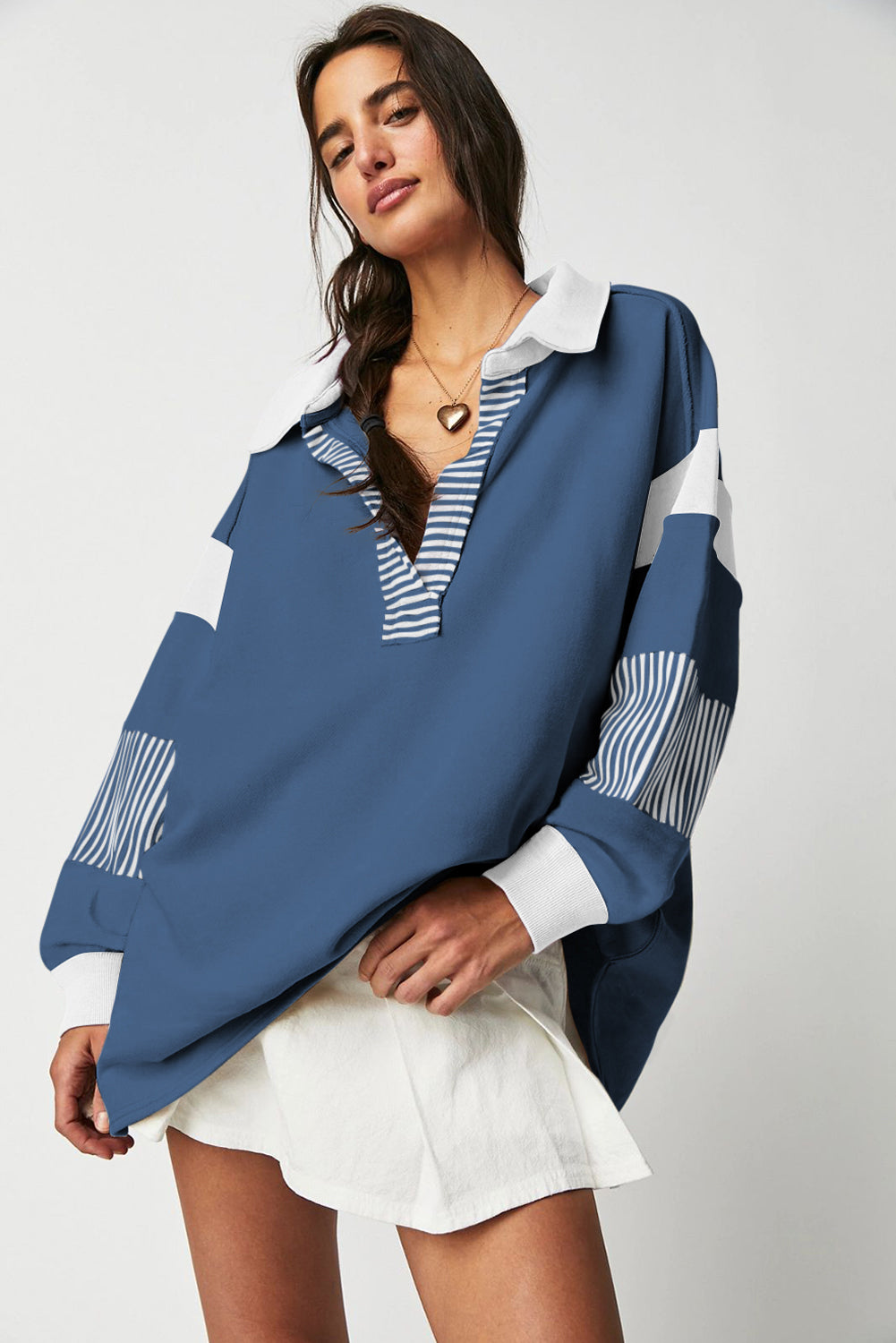 Dark Blue Striped Colorblock Patchwork Collar Sweatshirt
