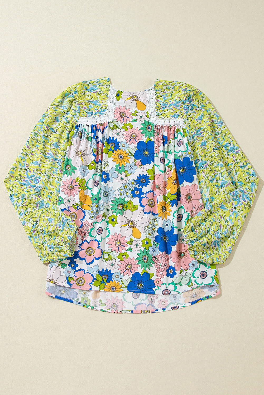 Rose Red Bubble Sleeve Lace Trim Floral Mixed Print Blouse