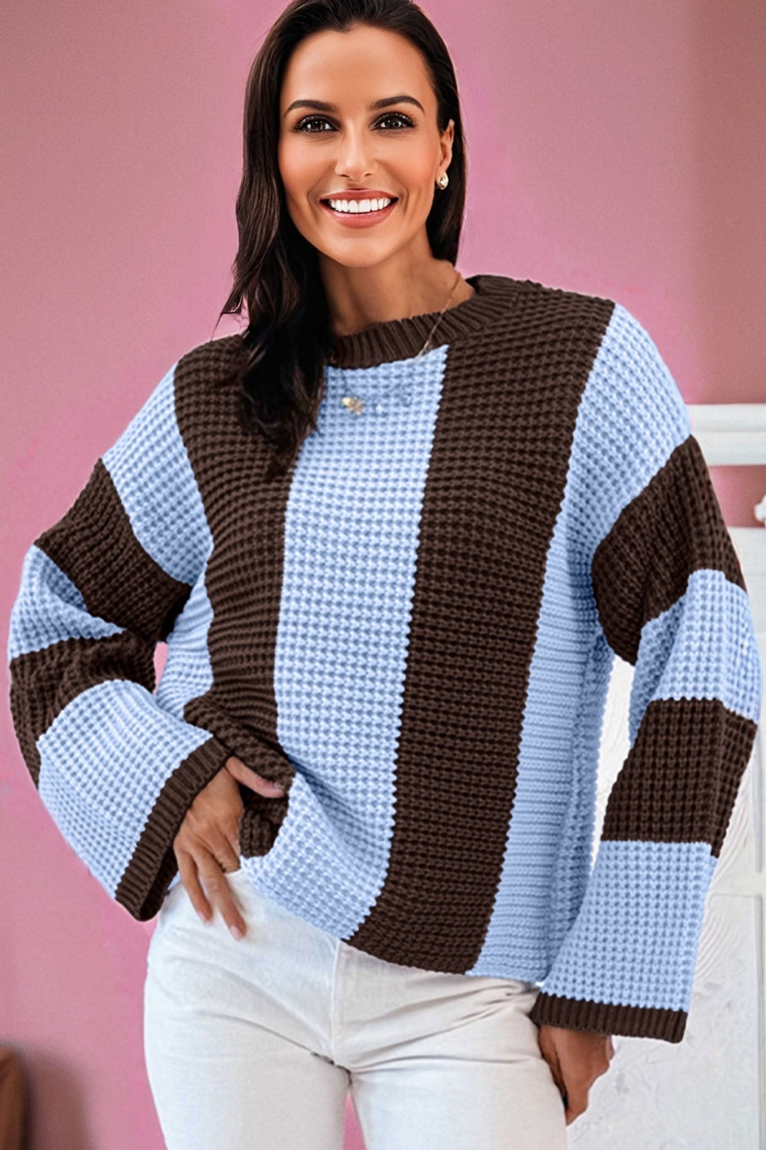 Fushia Striped Color Block Thermal Textured Knit Drop Shoulder Sweater