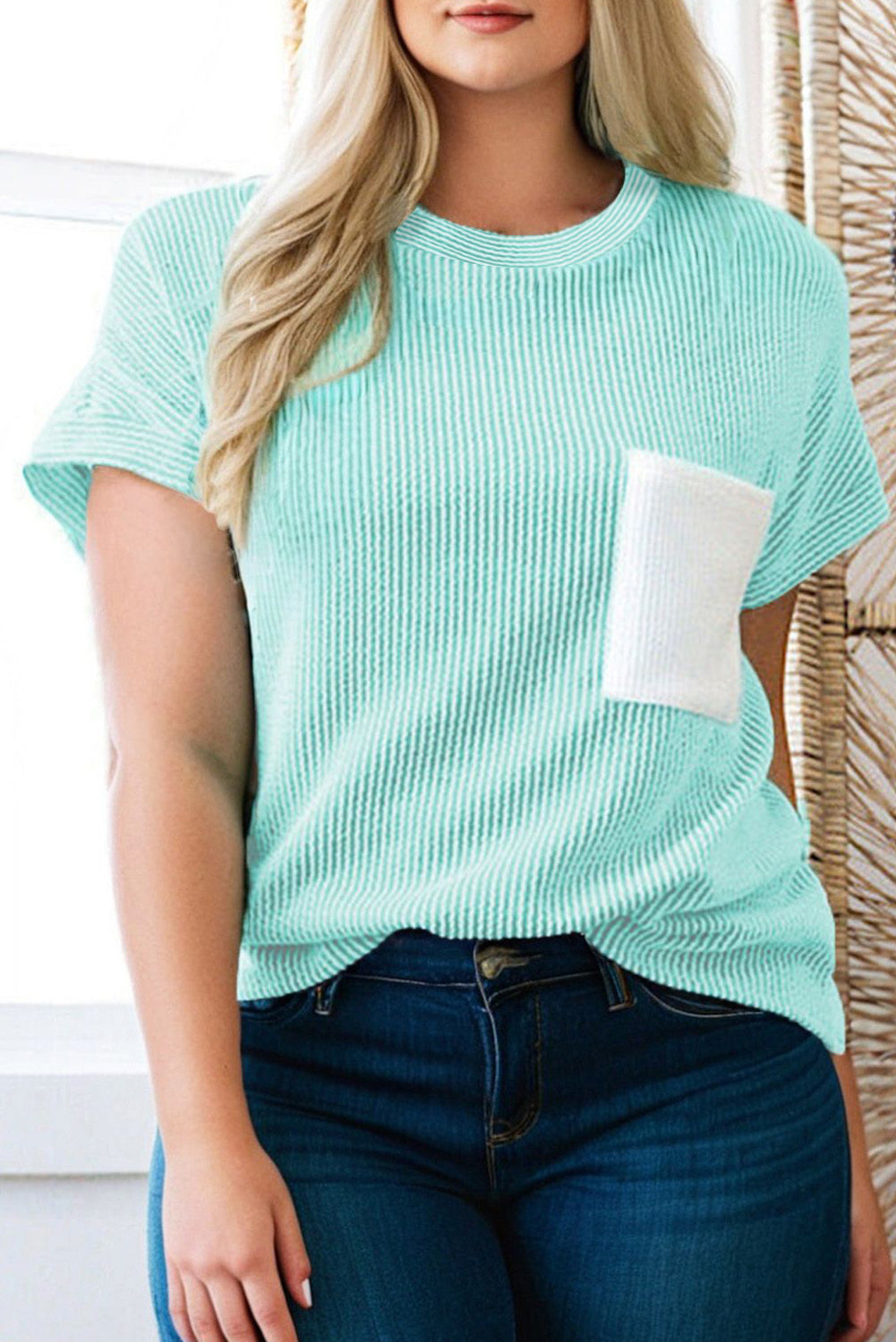 Dark Blue Corded Knit Color Block Pocketed Crew Neck T Shirt