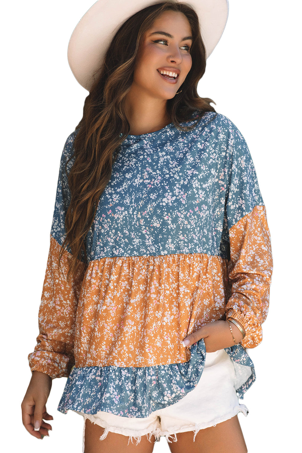 Orange Floral Color Block Patchwork Ruffled Hem Round Neck Blouse
