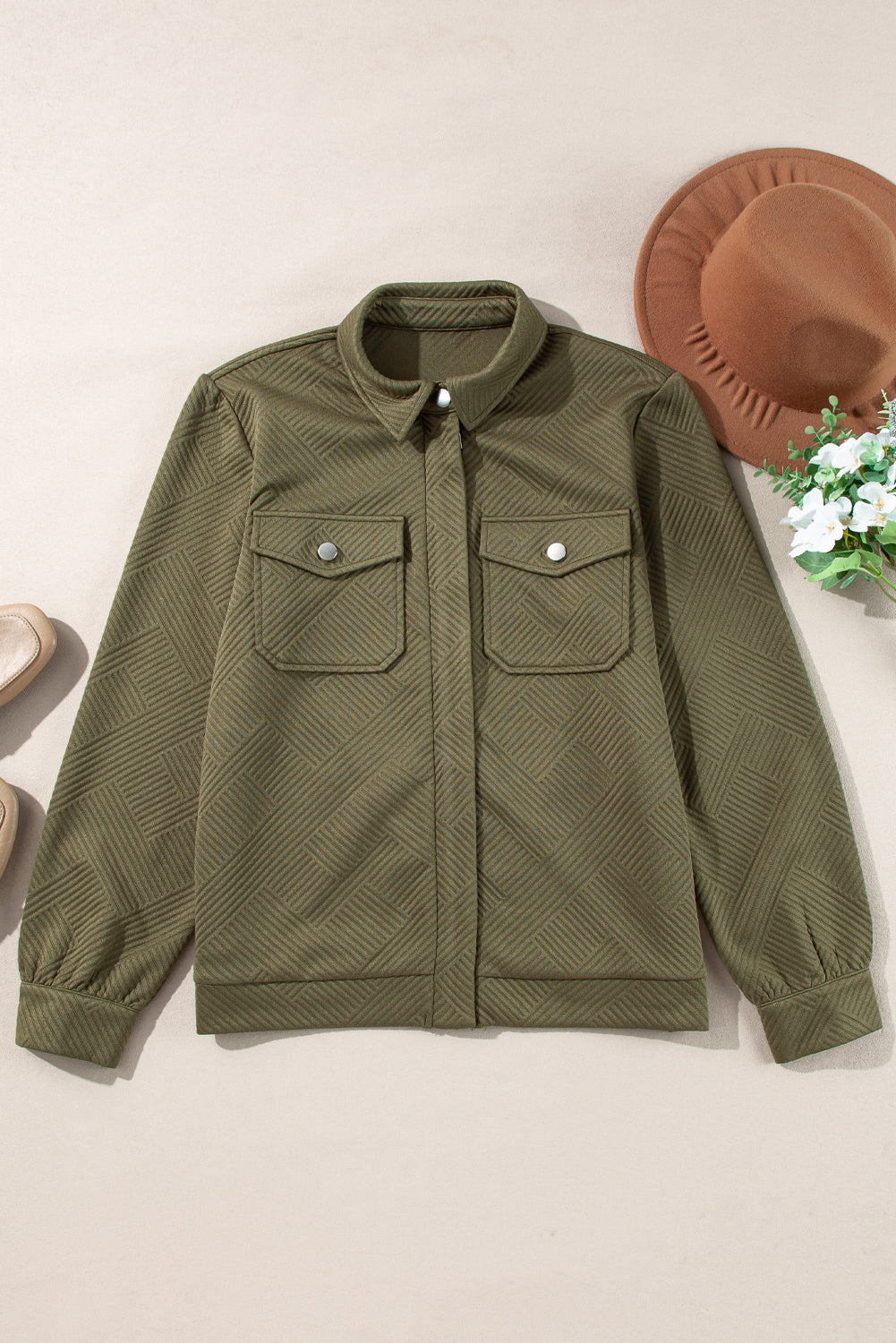 Coffee Solid Color Zip Up Button Flap Pocket Shirt Collar Jackets
