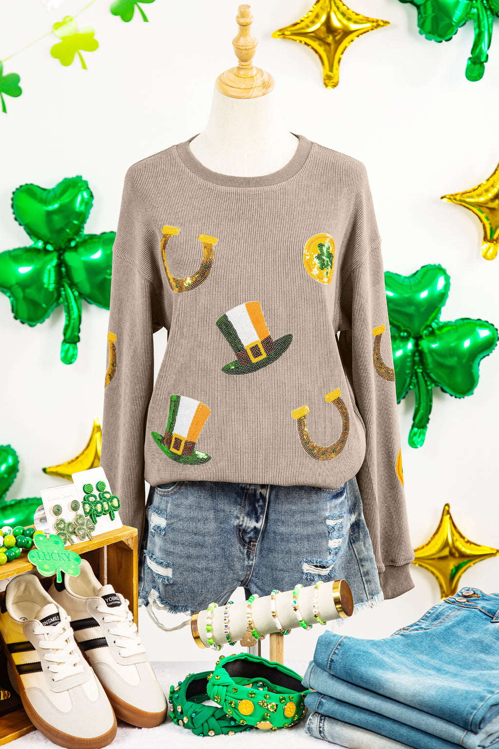Khaki Sequin Horseshoe Mardi Gras Graphic Corded Ribbed Baggy Sweatshirt