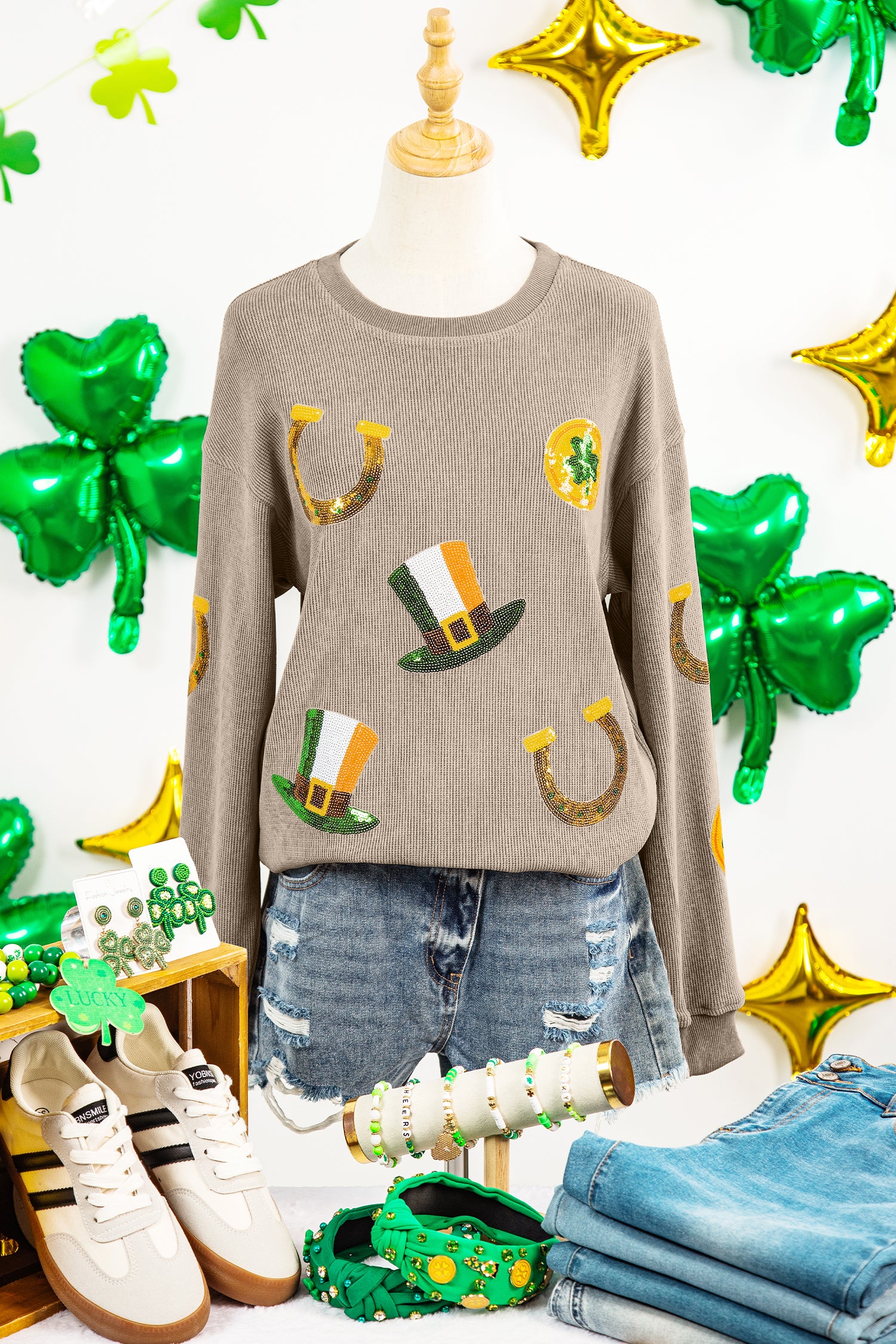 Khaki Sequin Horseshoe Mardi Gras Graphic Corded Ribbed Baggy Sweatshirt