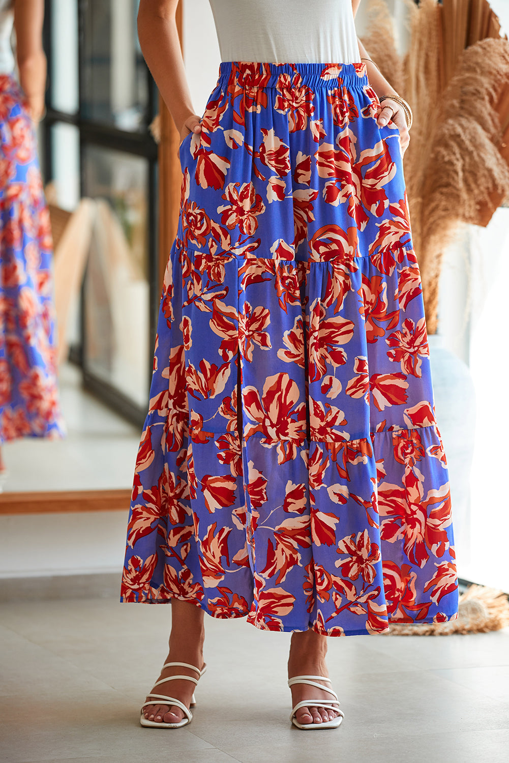 Orange Bohemian Floral Print Tiered Maxi Skirt with Split