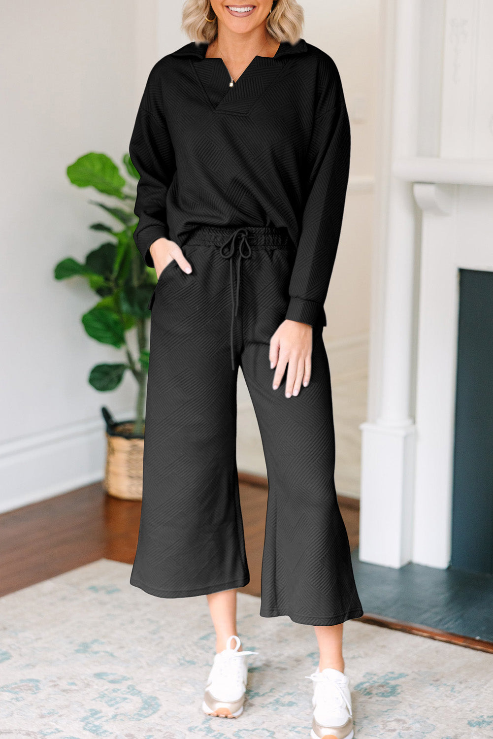 Sail Blue Solid Textured Collared V Neck Top and Wide Leg Pants Set
