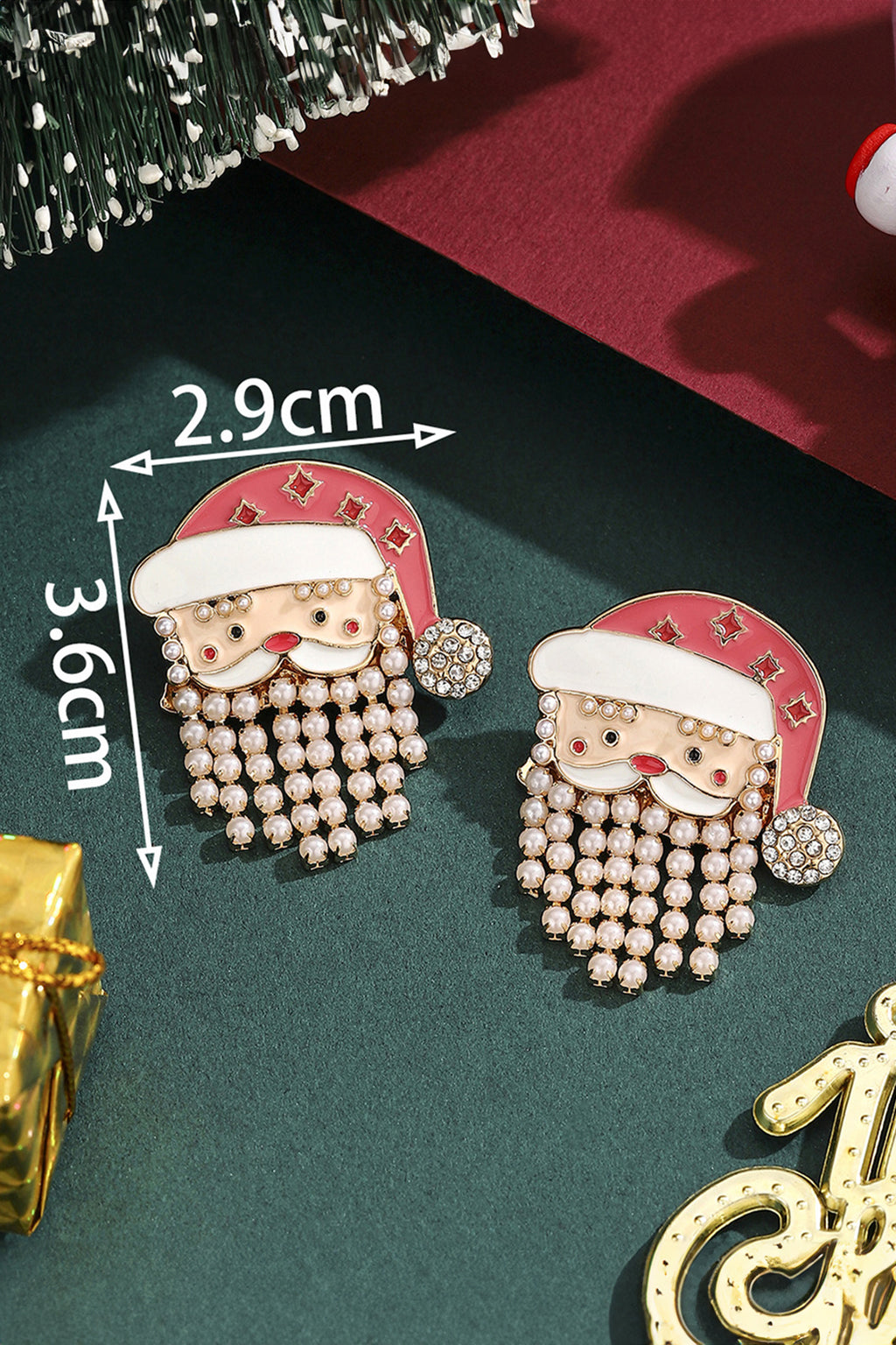 Fiery Red Pearl Beard Rhinestone Embellished Santa Claus Earrings