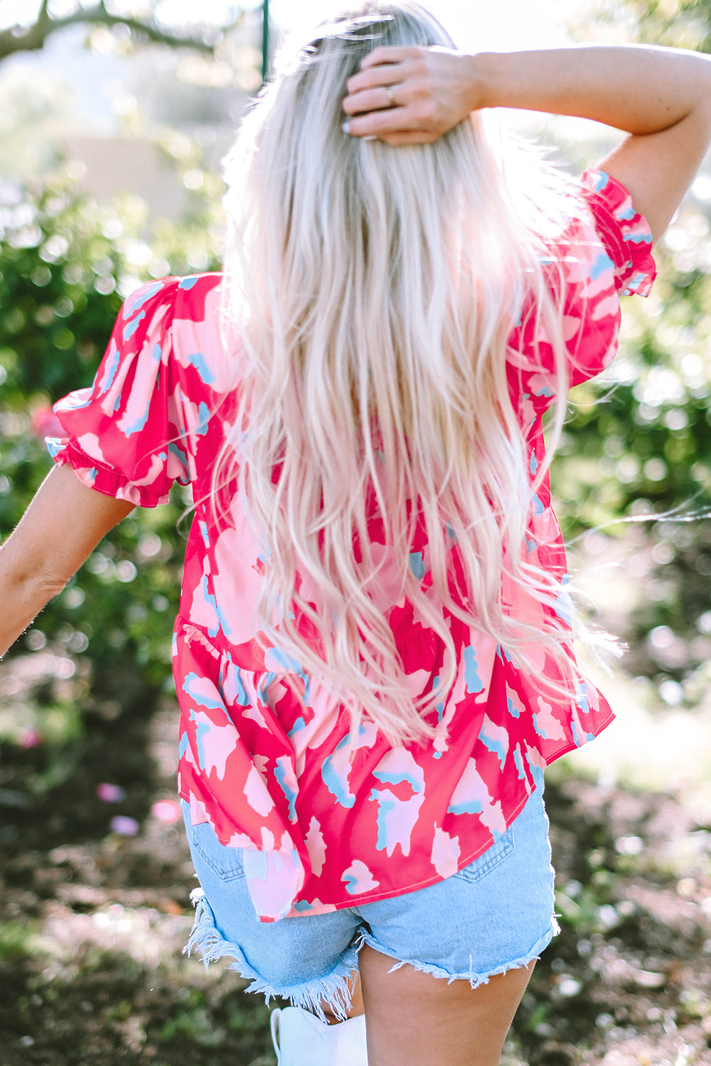 Pink Abstract Printed Puff Short Sleeve Tiered Loose Dress