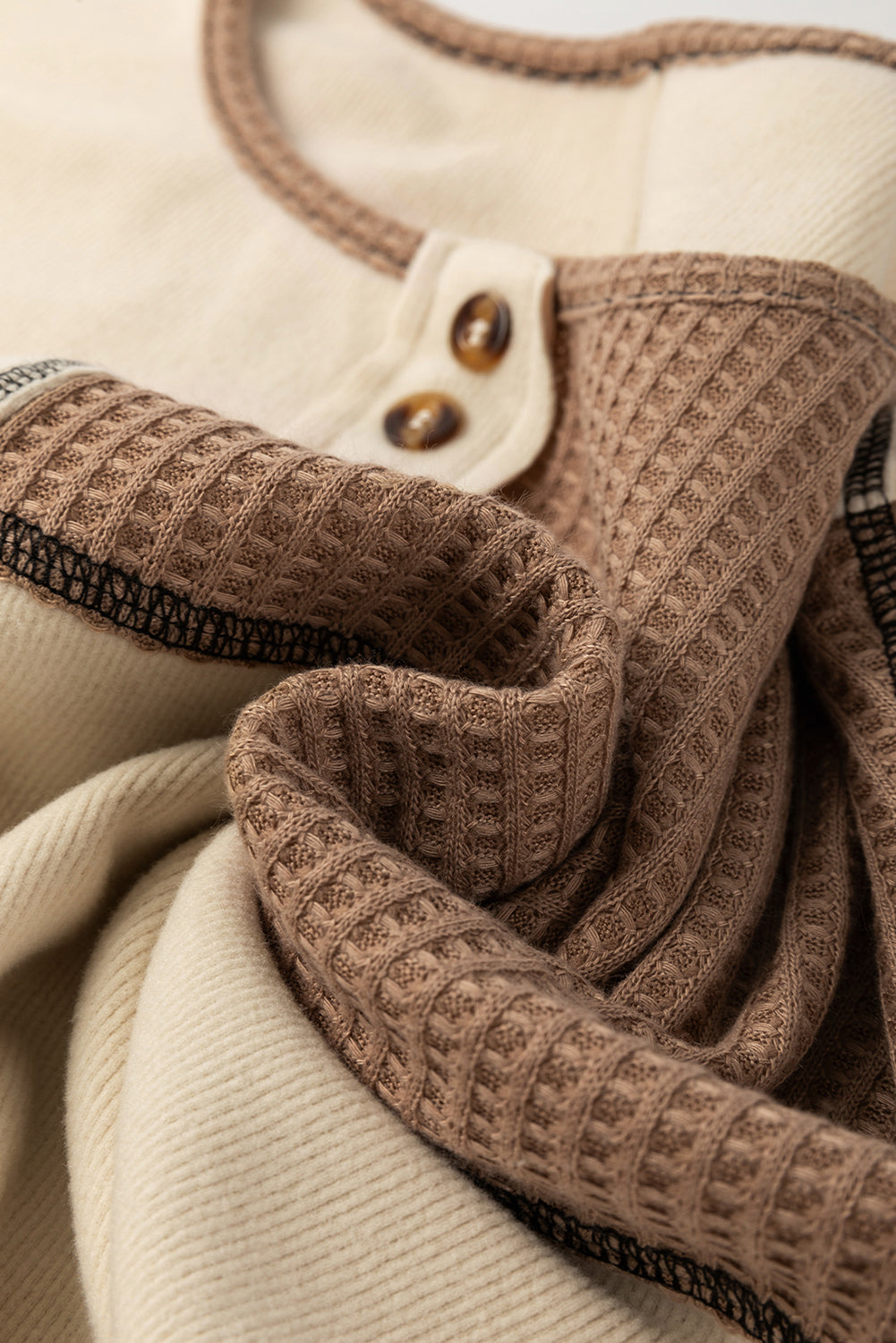 Beige Color Block Waffle Knit Stitch Detail Long Sleeve Top