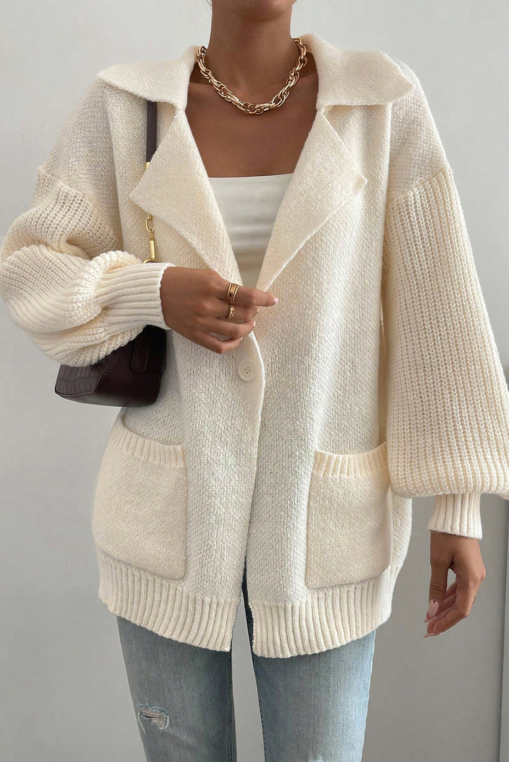 Beige Solid Color Knit Lapel Collar Single Button Sweater Cardigan