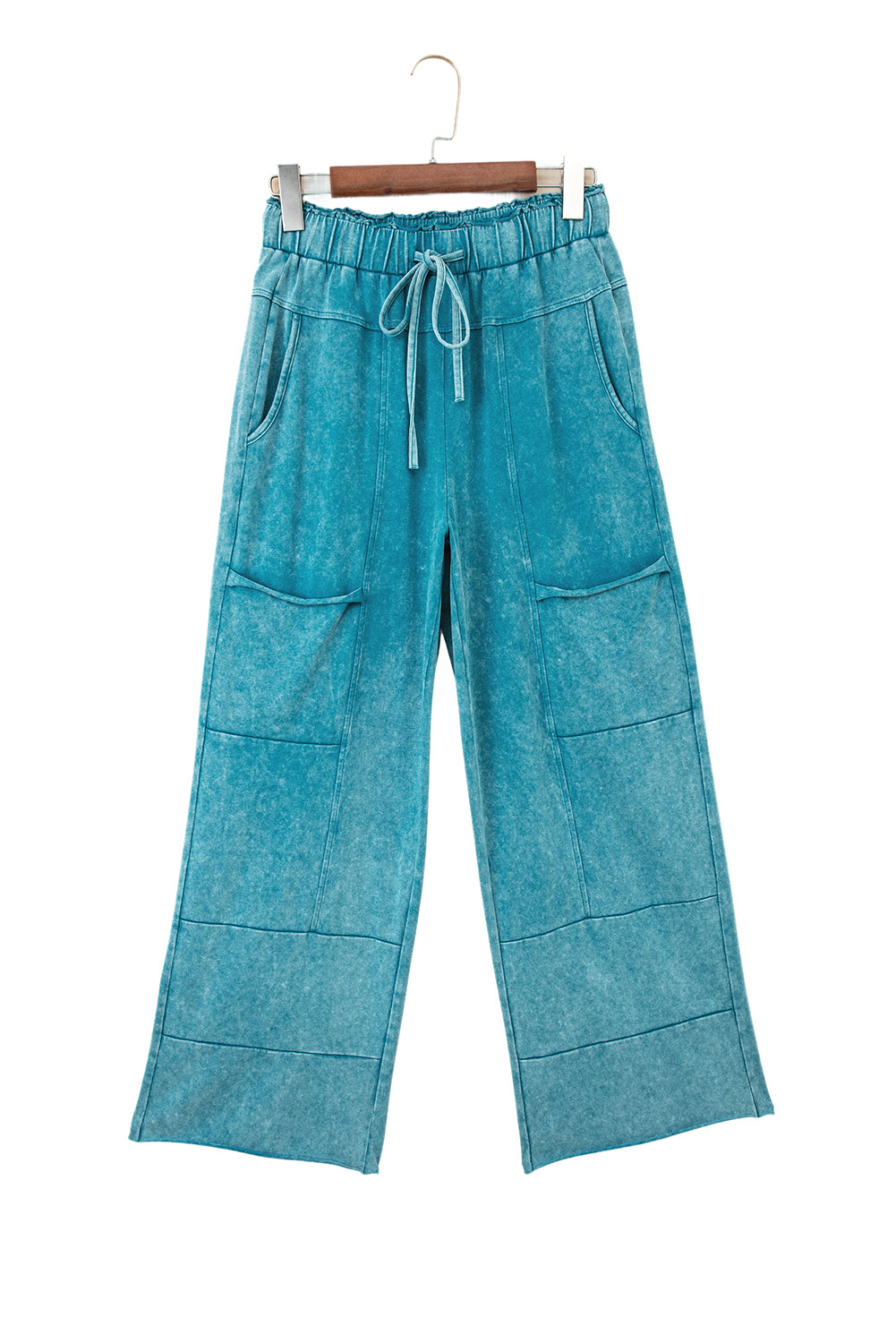 Lapis Mineral Wash Lace-up High Waist Raw Hem Patched Pocket Pants