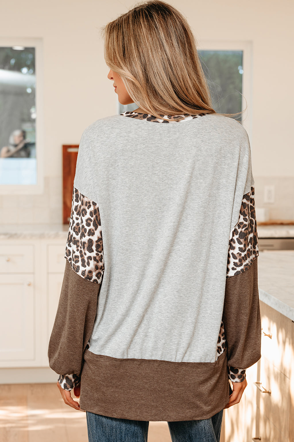 Gray Plus Size Leopard Color Block Patchwork Dolman Sweatshirt