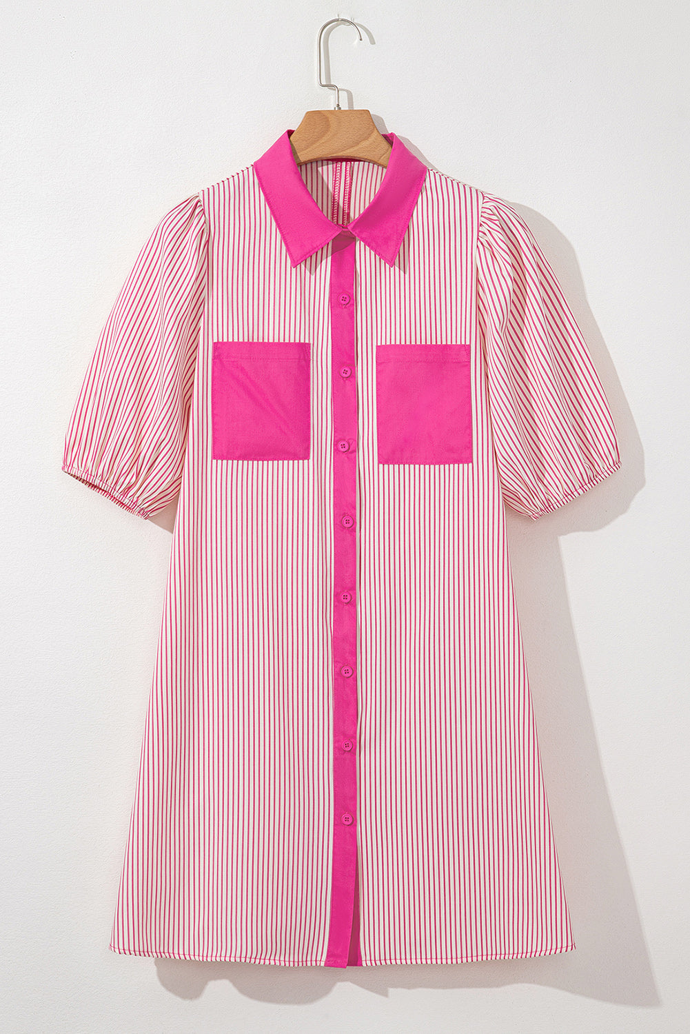 Black Stripe Color Block Patchwork Shirt Collar Button Down Puff Sleeve Mini Dress
