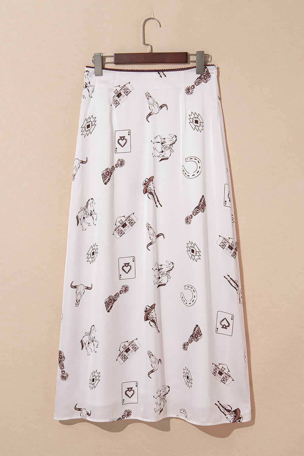 Beige Western Print Satin Long Skirt