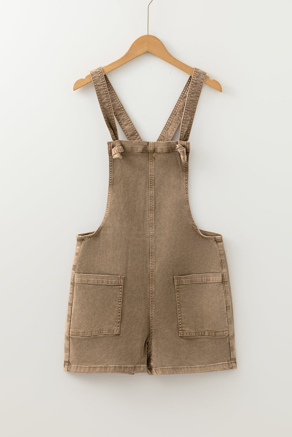Pink Solid Color Knot Straps Denim Romper with Pockets