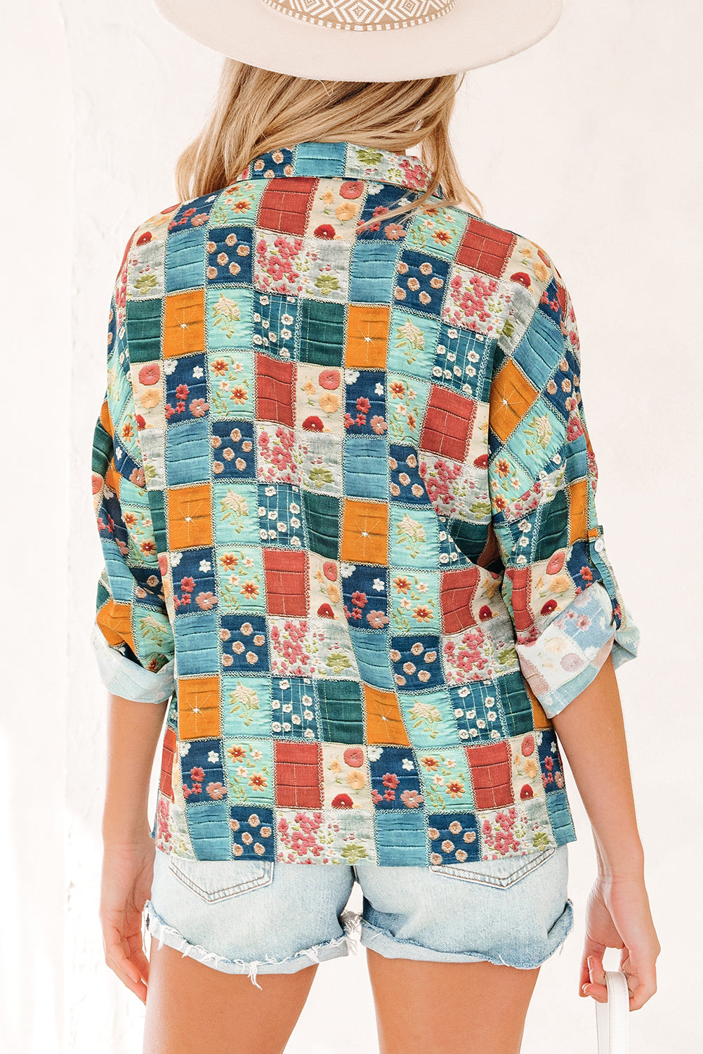 Sky Blue Mix Floral Checkered Pattern Bubble Sleeve Ruffle Hem Dress