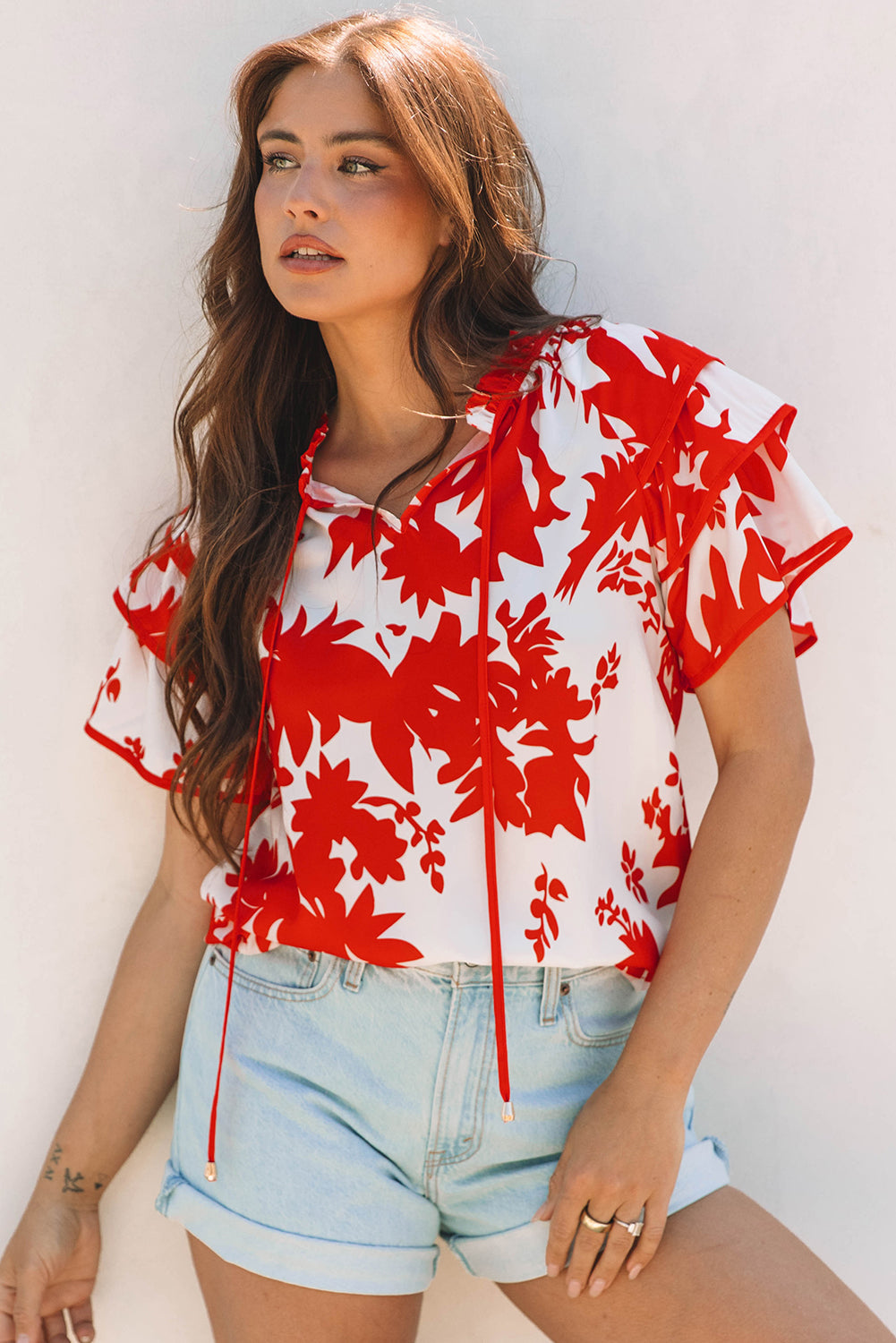 Red Floral Print Trimmed V Neck Ruffle Sleeve Long Dress