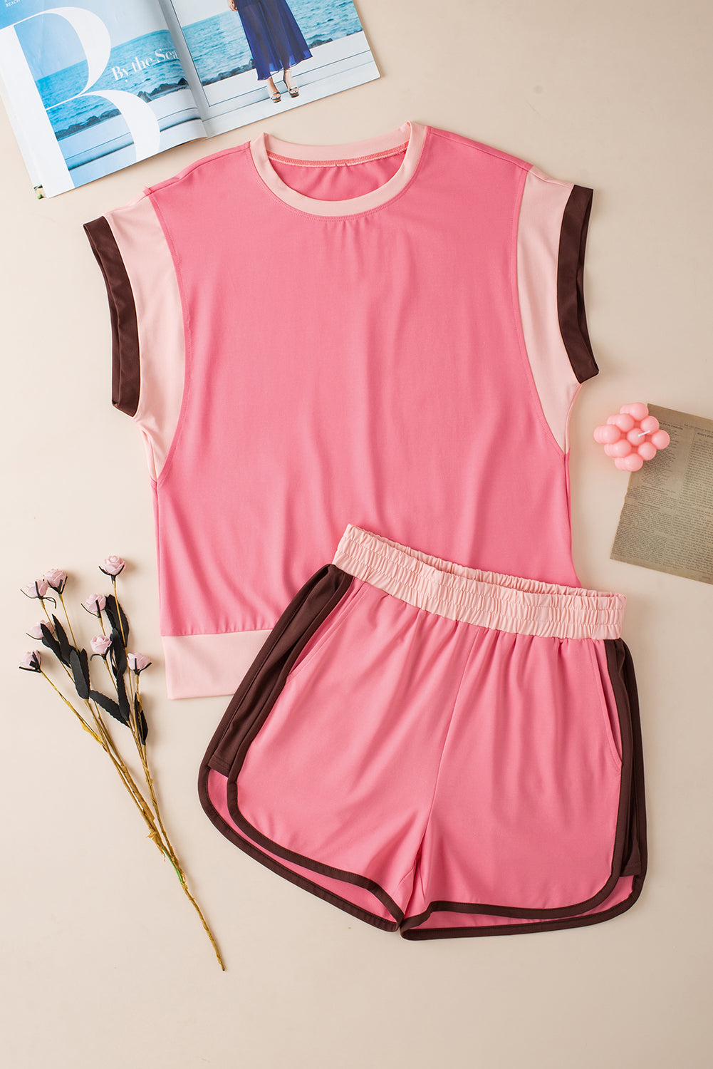 White Color Block Detail Casual Two-piece Set