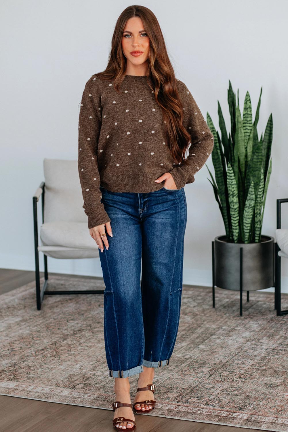 Chestnut Elegant Polka Dot Bubble Short Sleeve Sweater