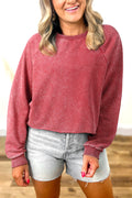 Racing Red Mineral Wash Raglan Sleeve Raw Hem Crop Sweatshirt