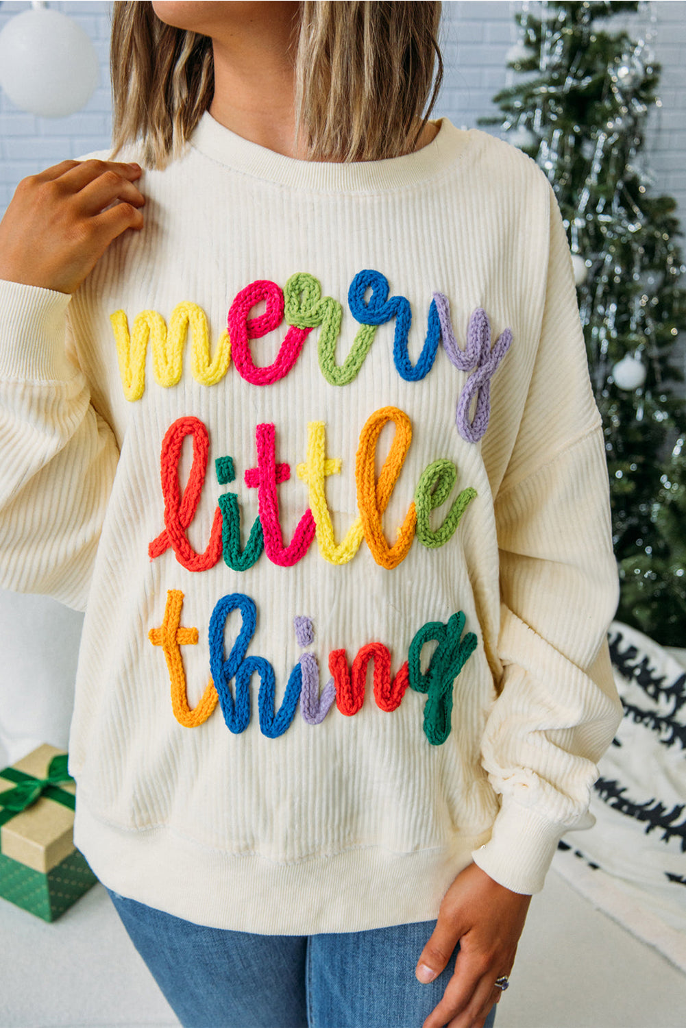 Dark Green merry little thing Corded Letter Graphic Ribbed Loose Sweatshirt