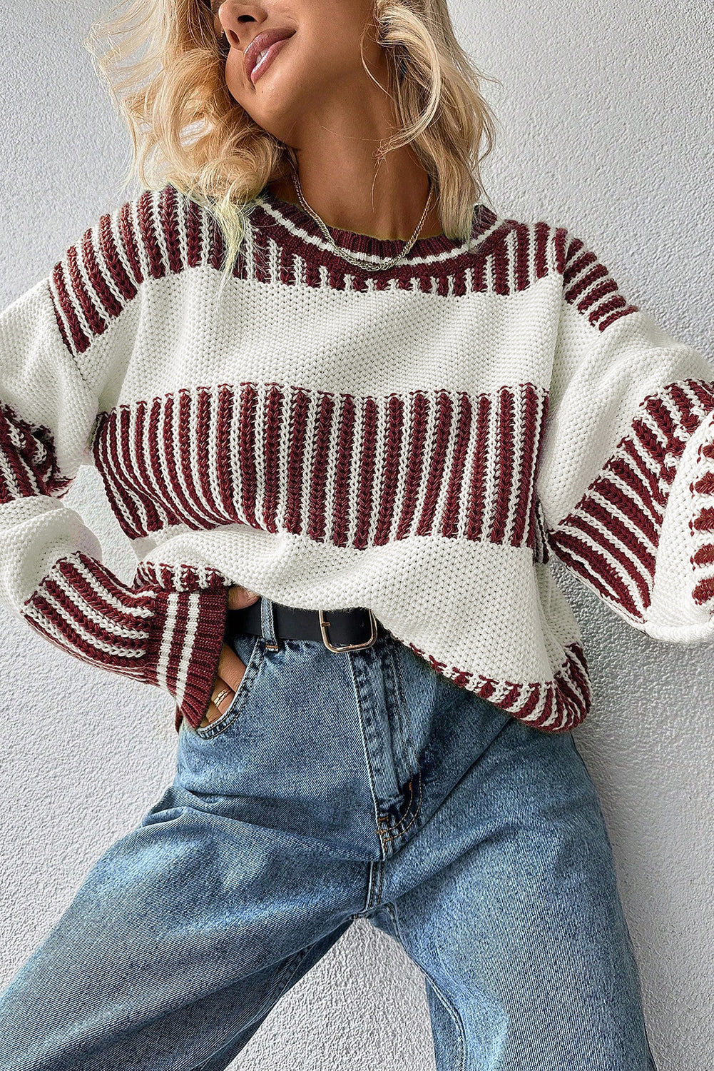 Khaki Two Tone Striped Patchwork Drop Shoulder Loose Sweater