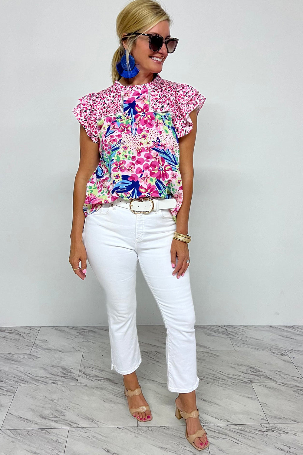 Red Floral Mixed Print Ruffle Cap Sleeve Blouse