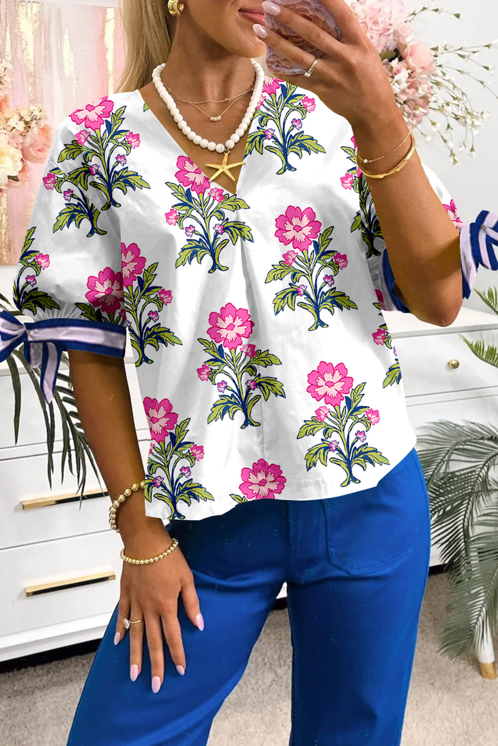 White Floral Puff Short Sleeve V Neck High Waist Maxi Dress