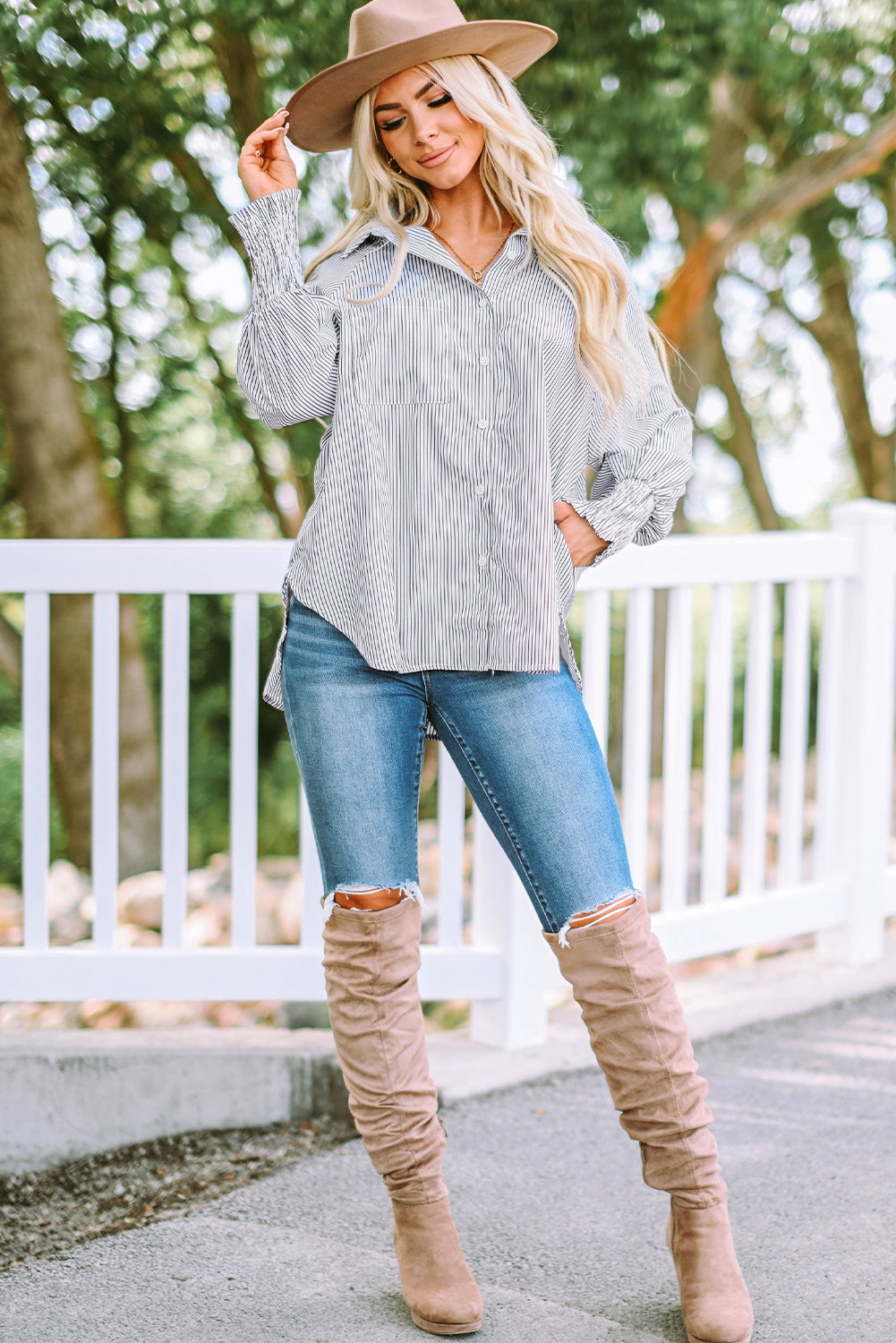 Red Stripe Smocked Cuffed Striped Boyfriend Shirt with Pocket