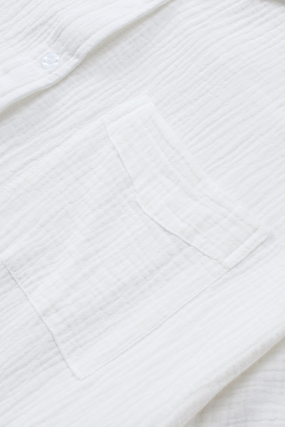 White Textured Cotton Gauze Single Chest Pocket 3 4 Sleeve Oversize Shirt