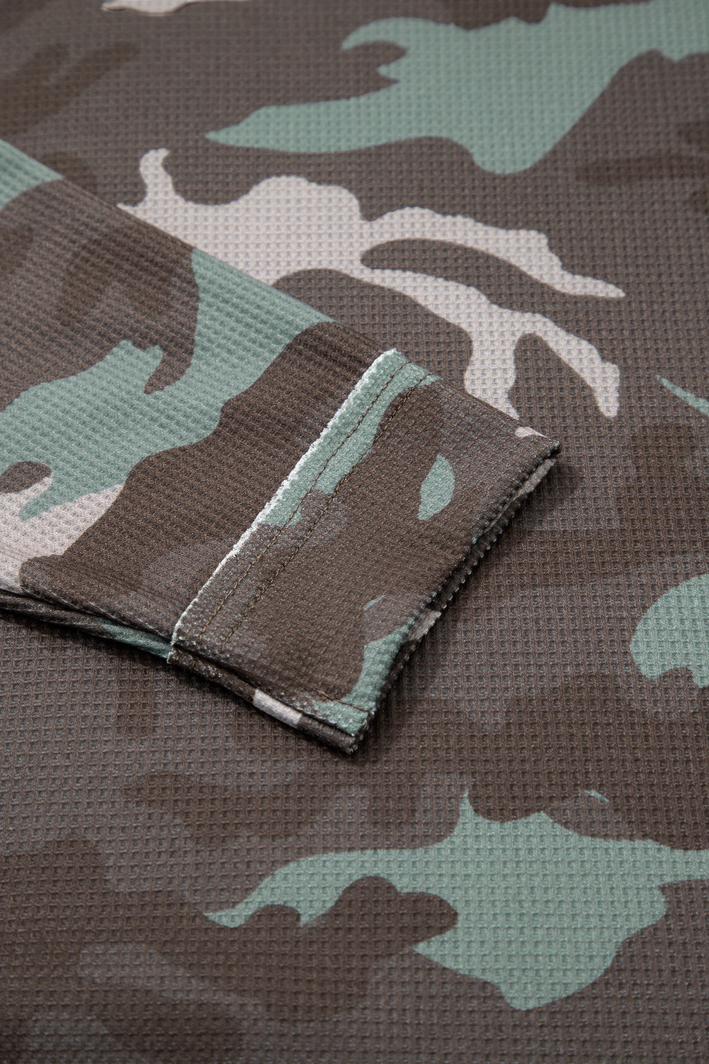 Green Camouflage Print Textured Drop Shoulder Long Sleeve Top